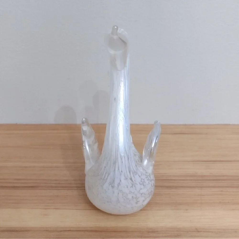 Vintage White Iridescent Lustre Spotted Swan Solid Glass Figurine Paperweight